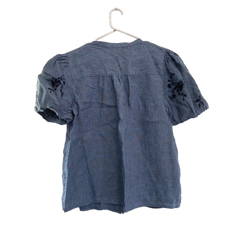 Puff Sleeve Blue Linen Top with Embroidered Flowers - Picture 3 of 8